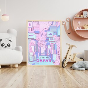 May include: A framed print of a Japanese city scene with pink and blue hues. The print features Japanese text, including "Osaka" and "Japan".