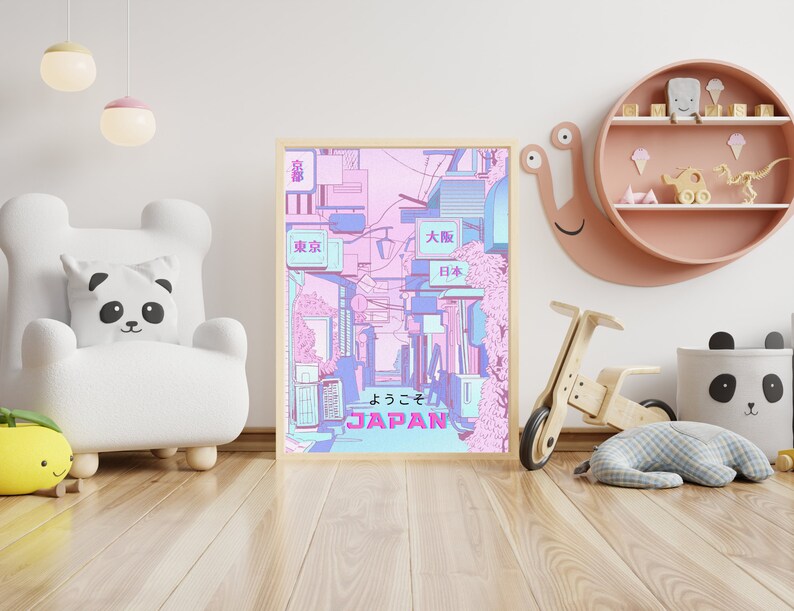 May include: A framed print of a Japanese city scene with pink and blue hues. The print features Japanese text, including "Osaka" and "Japan".