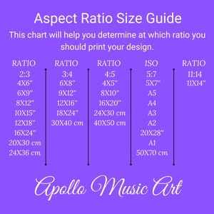 May include: A chart on a purple background with the title "Aspect Ratio Size Guide". The chart shows different aspect ratios and their corresponding sizes in inches and centimeters. The chart is labeled with the text "Ratio" and "ISO".