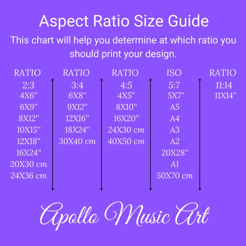 May include: A chart on a purple background with the title "Aspect Ratio Size Guide". The chart shows different aspect ratios and their corresponding sizes in inches and centimeters. The chart is labeled with the text "Ratio" and "ISO".