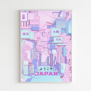 May include: A digital illustration of a Japanese street scene with pink and blue buildings and signs. The signs read "Tokyo", "Osaka", "Japan", and "Kyoto". The text at the bottom reads "Welcome to Japan".