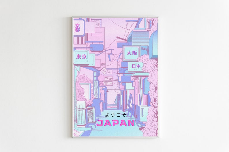 May include: A digital illustration of a Japanese street scene with pink and blue buildings and signs. The signs read "Tokyo", "Osaka", "Japan", and "Kyoto". The text at the bottom reads "Welcome to Japan".