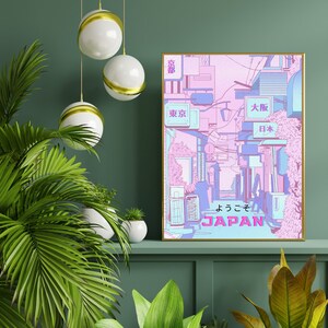 May include: A pink and blue illustrated poster with Japanese text that reads "Welcome to Japan" and features a street scene with buildings and signs. The signs read "Osaka, Japan, Tokyo, and Nagoya".