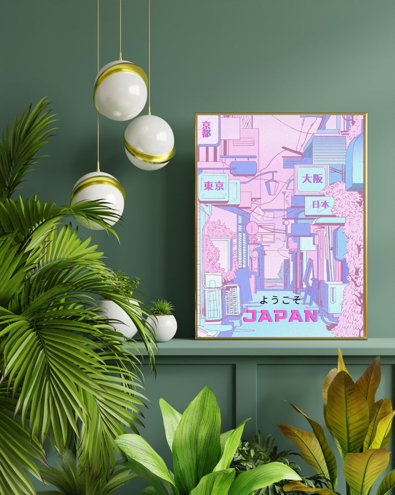 May include: A pink and blue illustrated poster with Japanese text that reads "Welcome to Japan" and features a street scene with buildings and signs. The signs read "Osaka, Japan, Tokyo, and Nagoya".