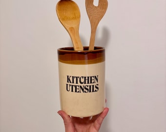 Vintage Stoneware Utensil Holder | Brown and Beige | Kitchen Spoon Holder | Retro Decor | Unique Gift Idea