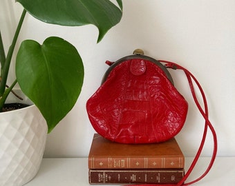 Vintage Retro Genuine Leather Crocodile Print Red Shoulder Bag | Made in Italy | Unique Gift Idea | Women’s Accessory | Ladies Fashion