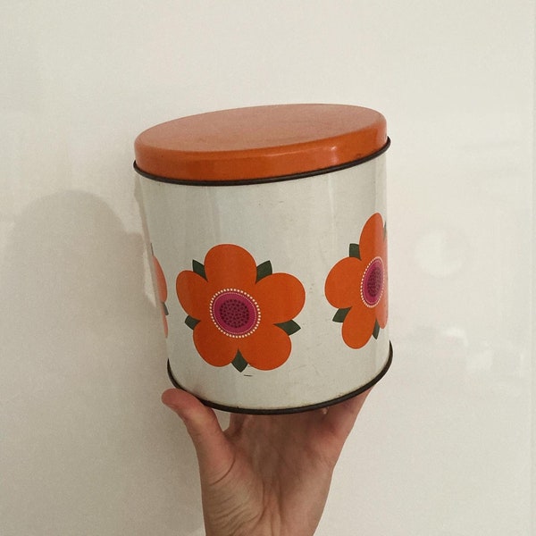 Vintage Retro ‘Willow’ Brand Floral 1970’s Canister | Orange and Pink Tin | Kitchen Storage | Cute Gift Idea