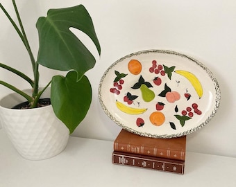 Retro Vintage Handpainted Fruit Unique Oval Shaped Serving Platter | Dish | Plate | Gift Idea