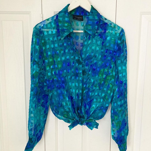 Vintage ‘Casadei’ by ‘Stitches’ Unique Turquoise Blue Blouse | Buttons | Collar | Women’s Fashion Shirt