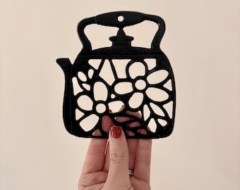 Antique Cast Iron Floral Teapot Trivet | Kettle Pot Holder | Cute Kitchen Decor | Vintage Gift Idea