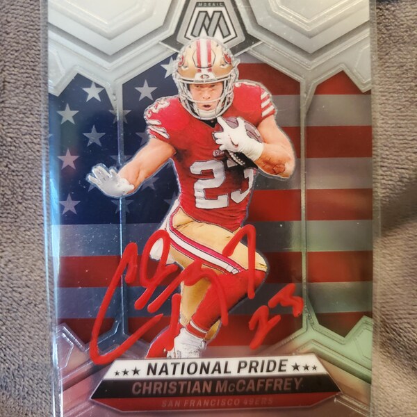 Christian McCaffrey Authentic Hand Signed Panini Mosaic Card Autographed Future Football Hall Of Fame San Francisco 49ers Autograph