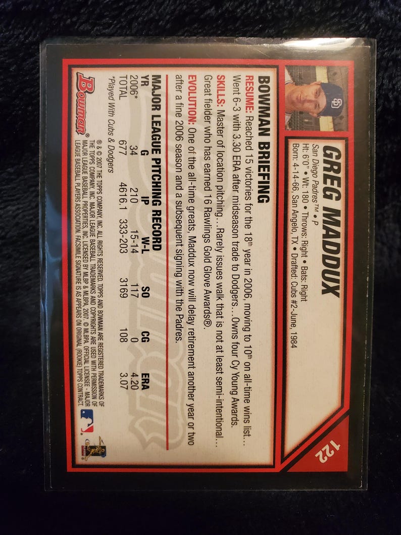 Greg Maddux Authentic Hand Signed Baseball Card Autographed Chicago ...