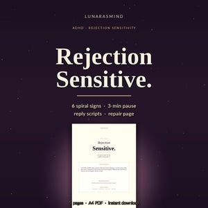 Könnte beinhalten: Ein digitales Dokument mit dem Titel Rejection Sensitive und dem Untertitel ADHD Rejection Sensitivity. Es enthält 6 Spiralzeichen, eine 3-minütige Pause, Antwortskripte und eine Reparaturseite. 5 Seiten im A4-PDF-Format.