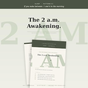 Könnte beinhalten: Ein digitales Dokument mit dem Titel The 2 a.m. Awakening, das einen Leitfaden für Schlafmuster mit dunkelgrünen Kopfzeilen und weißem Text enthält. Es umfasst Abschnitte zu polyvagaler, zirkadianer und HPA-Achsen-Forschung sowie ein Protokoll.