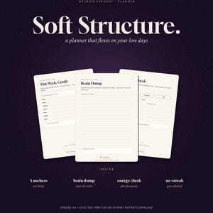 Könnte beinhalten: Ein digitaler Planer mit dem Titel LUNARASMIND NEURODIVERGENT PLANNER Soft Structure. Das Bild zeigt drei cremefarbene Seiten mit schwarzem Text, darunter This Week, Gently, Brain Dump und energy check. Zu den Funktionen gehören 3 anchors, brain dump, energy check und no-streak. Der Text unten lautet 8 PAGES A4 + US LETTER PRINT OR USE ON IPAD INSTANT DOWNLOAD.