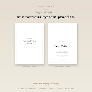 Könnte beinhalten: Ein 2-PDF-Paket mit dem Titel Day and night — one nervous system practice. Das erste Dokument ist The 30-Day Nervous System Reset, ein 35-seitiges Journal. Das zweite Dokument ist Find your Sleep Pattern, ein 11-seitiges Arbeitsbuch.