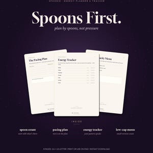 Könnte beinhalten: Ein digitaler Energieplaner und Tracker mit drei weißen Seiten und schwarzem Text auf dunkelviolettem Hintergrund. Die Seiten enthalten Abschnitte wie The Pacing Plan, Energy Tracker und Capacity Menu. Der Text umfasst Spoons First, plan by spoons, not pressure, sowie 8 pages, A4 + US letter, print or use on iPad, instant download.