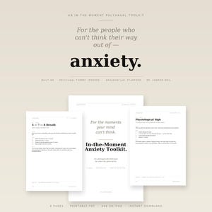 Könnte beinhalten: Ein digitales Toolkit zur Angstbewältigung bestehend aus drei weißen Seiten mit schwarzem Text. Der Haupttitel lautet, For the people who can't think their way out of anxiety. Es enthält Anleitungen für Atemübungen und Entspannung.