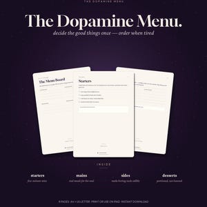 Könnte beinhalten: Ein digitaler Planer mit dem Titel The Dopamine Menu, bestehend aus drei weißen Seiten mit schwarzem Text auf dunkelviolettem Hintergrund. Die Seiten enthalten Abschnitte für Starters und The Menu Board mit Kontrollkästchen und Zeilen zum Schreiben. Der Text umfasst Überschriften wie starters, mains, sides, desserts, 8 Seiten, A4, US Letter, Druck oder Nutzung auf dem iPad, Sofort-Download.