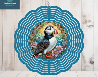 Molinillo de viento con forma de pájaro frailecillo estilo vidriera: Adorno de jardín