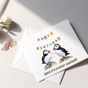 PUFFIN Geburtstagskarte 15 x 15 cm mit Umschlag   Niedliche Pembrokeshire Skeimer Papageientaucher. Personalisierbar!