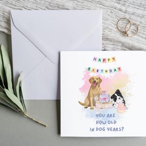 Verjaardagskaart voor hondenliefhebbers.  Hoe oud in hondenjaren? Kaart van 6 x 6 met envelop kan worden gepersonaliseerd en rechtstreeks naar de ontvanger worden verzonden.