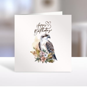 Carte d'anniversaire OSPREY 15 x 15 cm avec enveloppe.   Belle aquarelle Balbuzard pêcheur (Sea Hawk). Peut être personnalisé. Cadeau oiseau