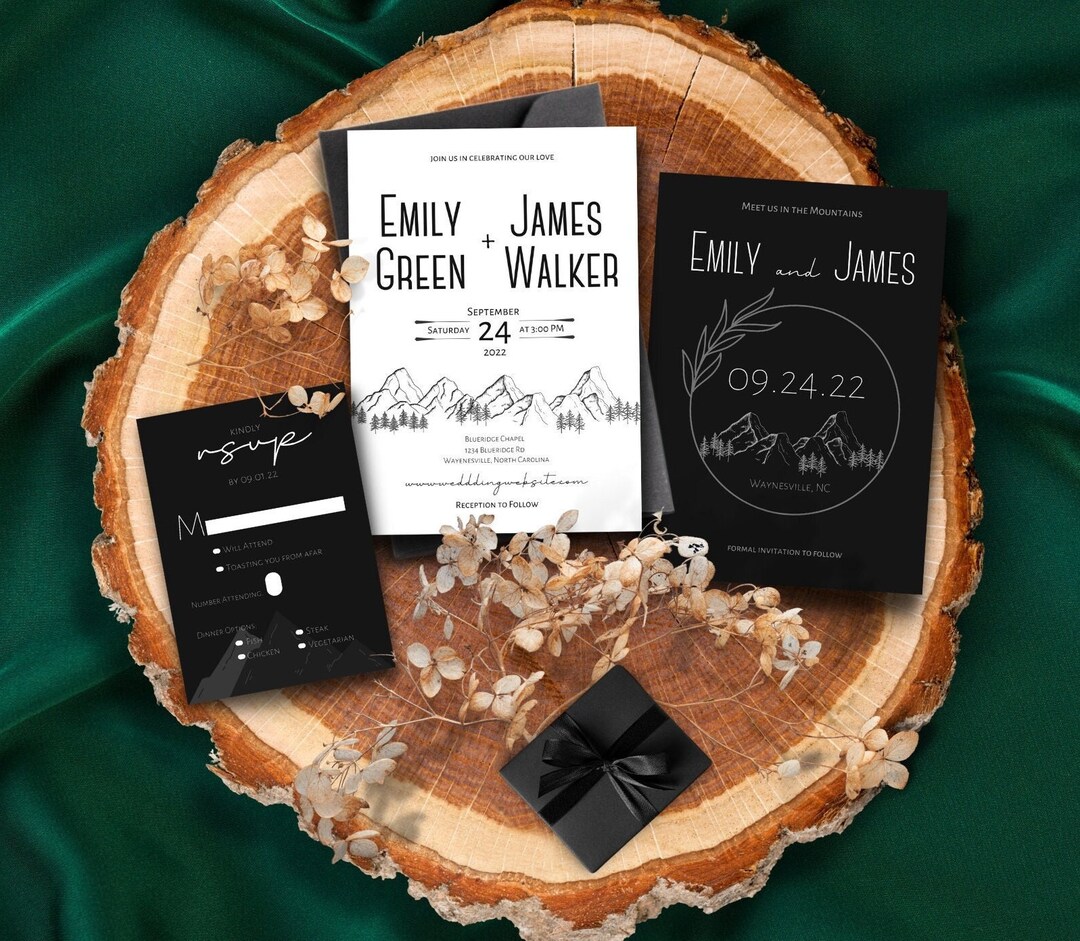 Mountain Wedding Invitation Template Set, Black White Wedding