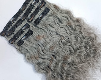 Grey Wavy Clip-In Human Hair Extensions, Salt & Pepper Seamless 100-110 grams 6 set clip-in