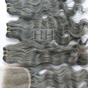 Raw Indian Grey human hair bundle and Closure Combo deals, Unprocessed grey human hair, Lace closure combo deal - 3 bundles + 5x5 closure