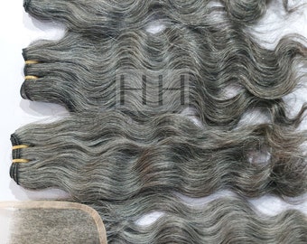 Grey human hair bundle + Closure Combo deal, Unprocessed grey human hair wefts, and Lace closure combo deal.