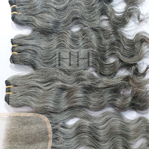 Grey human hair bundle + Closure Combo deal, Unprocessed grey human hair wefts, and Lace closure combo deal.