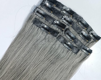Raw Grey Clip-In Human Hair Extensions – Silky Straight Salt and Pepper Blend