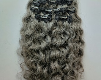 Grey clip-in human hair Extensions: 100% Raw Unprocessed, Soft, tangle-free, instant volume, easy installation.