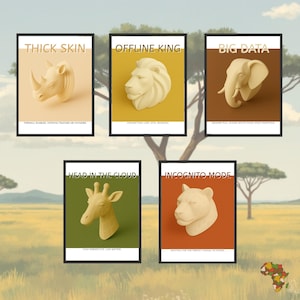 Pode incluir: Cinco impressões de arte emolduradas com esculturas de cabeças de animais e texto. As impressões incluem um rinoceronte, um leão, um elefante, uma girafa e um tigre. O texto inclui "THICK SKIN", "OFFLINE KING", "BIG DATA", "HEAD IN THE CLOUD" e "INCOGNITO MODE".