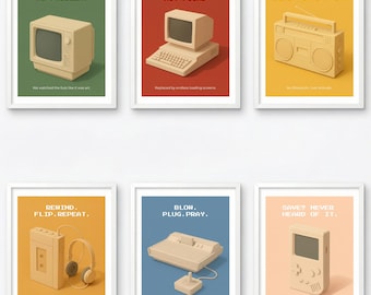 6 Retro Technology Wall Art – 80s Vintage Computer Prints, Nostalgic Tech Decor, Digital Download
