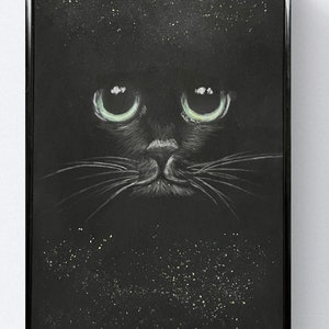 Yeux de chat noir, peinture pastel douce originale