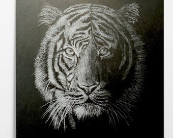 Original Drawing Tiger, Black and White, Charcoal, Interior Decoration, Wall Hangings, Modern Art