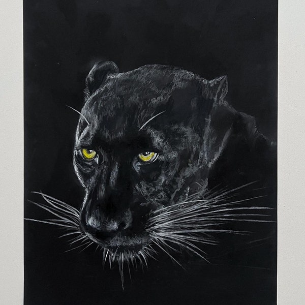 Original Soft Pastel Painting Black Panther, 21 x 30 cm / 8.27” x 11.81”