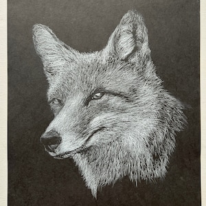 Volpe, disegno originale, bianco e nero, carboncino, opera d'arte, decorazione d'interni, arazzo, arte moderna, regalo