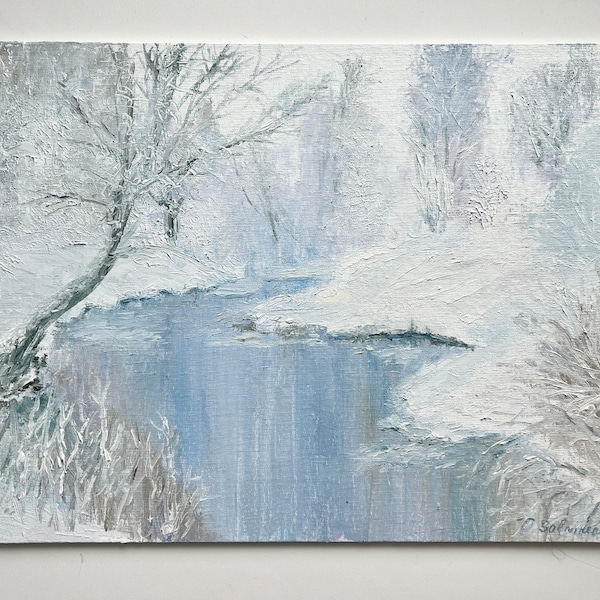Winter River Landscape, Original Oil Painting on Canvas Board, Modern Artwork, Finnish Art, Finland, Gift