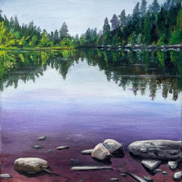 Peinture à l'huile originale sur toile de coton, paysage de lac en Finlande