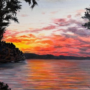 Original Acrylic painting, Sunset at Keitele Lake, Finland, Modern Finnish Art, Wall Artwork, Contemporary, Gift