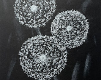 Original Drawing Dandelion Flowers, Black and White, Modern Art, Interior Decoration