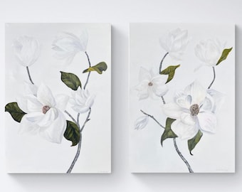 Conjunto de pintura de magnolia blanca: obra de arte floral minimalista moderna