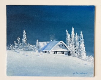 Original Oil Painting on Canvas Board, Winter Landscape