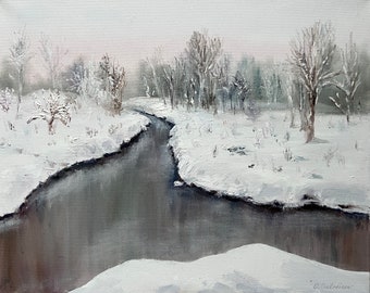 Winter River Landscape, Original Oil Painting on Canvas, Modern Art, Finnish Contemporary, Finland, Gift, Artwork by Oksana Salminen