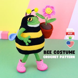 Bumblebee Outfit for the Frog, Cute Bee Costume with flower pot, and pink boots, PDF Crochet Pattern, Spring and Summer Gift, Nursery decor