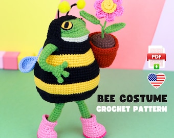 Bee costume for the frog, bumble bee attire, PDF crochet pattern, outfit for the toy