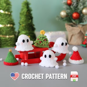May include: Crochet pattern for a set of five amigurumi ornaments: a Christmas tree, a Santa hat, and three ghosts riding a red sleigh. The pattern is available as a PDF download.